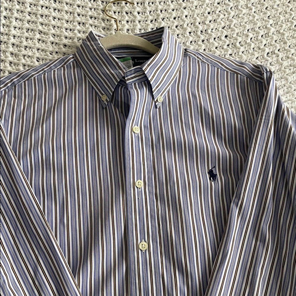 Polo by Ralph Lauren Men's Blue and Yellow Striped Shirt